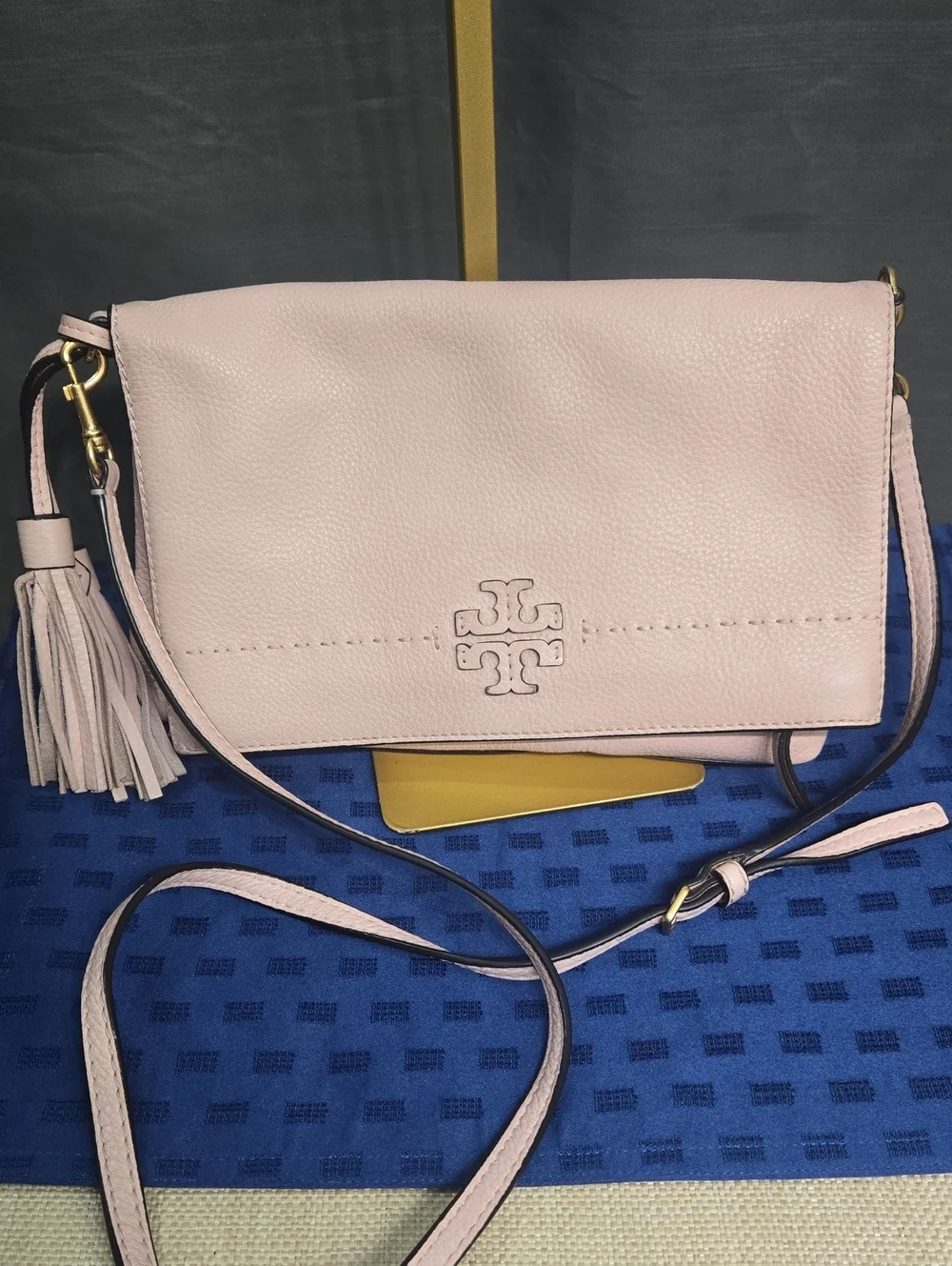 Tory Burch Light Pink McGraw Foldover Pebbled Leather Crossbody with Tassel